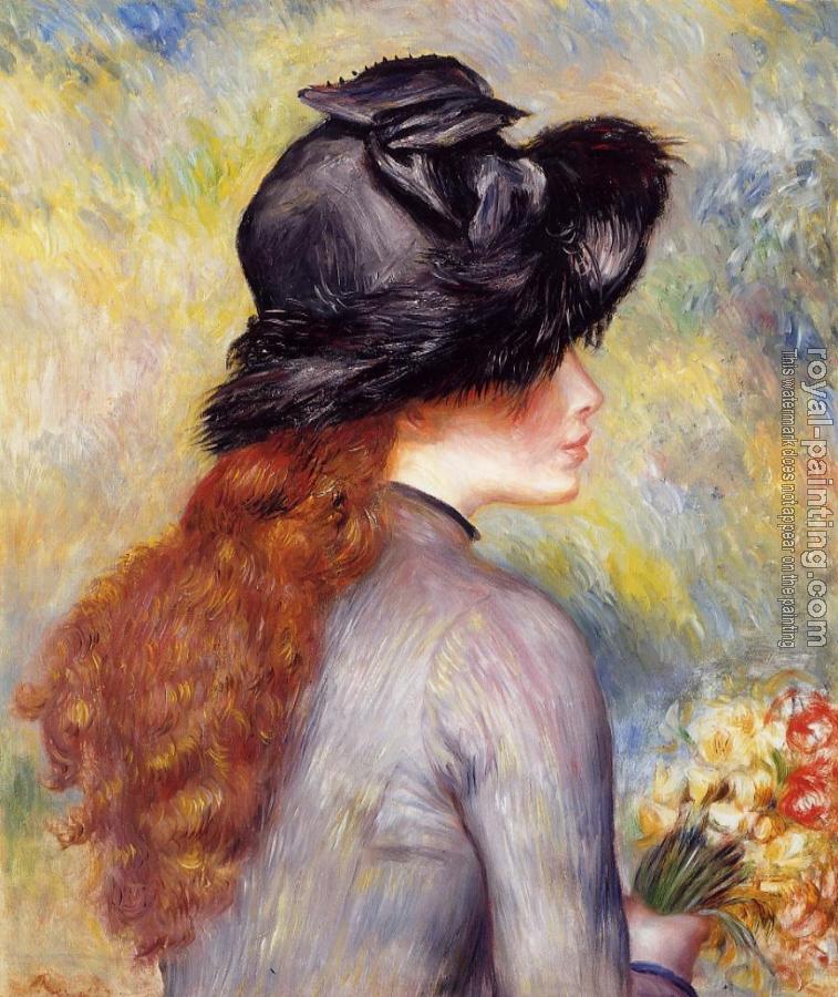 Pierre Auguste Renoir : Young Girl Holding at Bouquet of Tulips